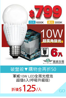 軍威10W LED全周光燈泡
超值6入(呼吸升級版)