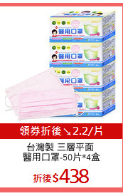 台灣製 三層平面 
醫用口罩-50片*4盒