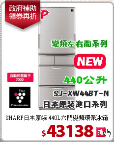 SHARP日本原裝
440L六門變頻環保冰箱