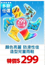 顏色亮麗 防滑性佳
造型兒童雨鞋
