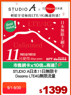 STUDIO A日本11日無限卡
Docomo LTE4G無限流量
