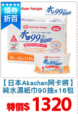 【日本Akachan阿卡將】
純水濕紙巾90抽x16包