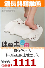 超強吸水力<BR>
胖Q貓珪藻土地墊3入