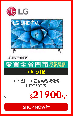 LG 43型4K AI語音物聯網電視43UN7300PW
