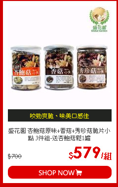 盛花園 杏鮑菇原味+香菇+秀珍菇脆片小點 3件組-送杏鮑菇鬆1罐
